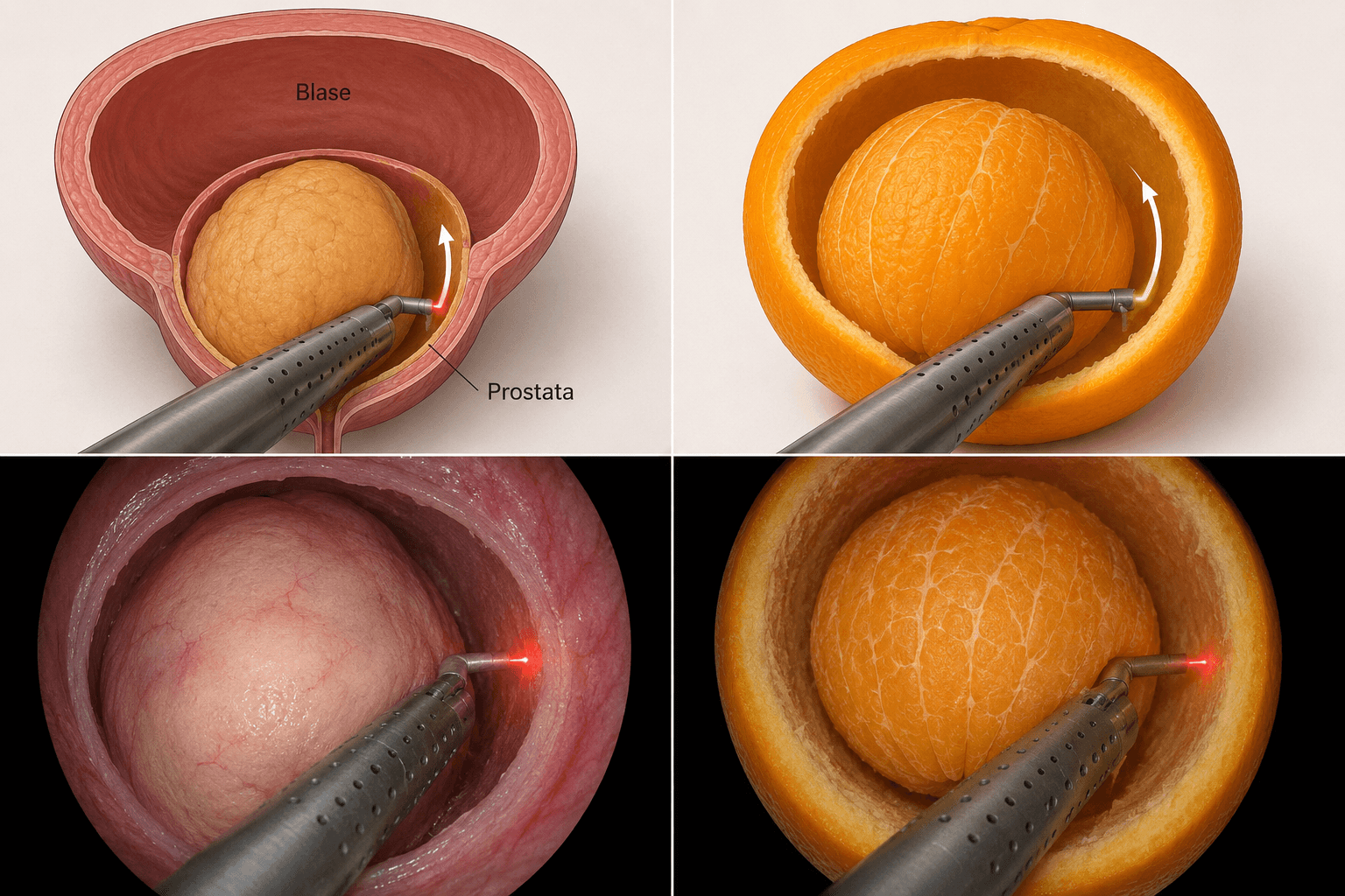 Illustration der HoLEP-Laser-Enukleation im Vergleich mit einer Orange: Das gutartig vergrößerte Adenom wird mit dem Laser entlang der natürlichen Schicht von der erhaltenen Prostatakapsel gelöst – ähnlich dem Ablösen des Fruchtfleischs von der Orangenschale.
